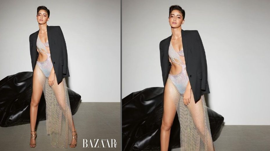 Ananya Panday looks Gorgeous in Crysmesh Trikini with a wrap skirt and black blazer for Bazaar India magazine